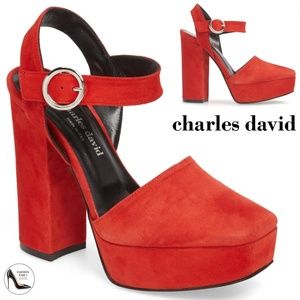 CHARLES DAVID Roan Red Suede Platform Block Heel Ankle Strap Sandals 41